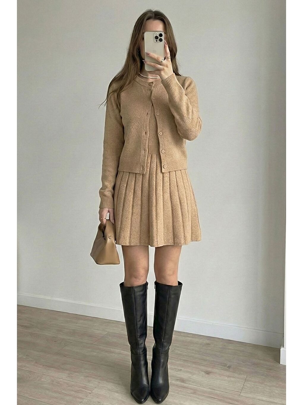 Bej Kadın Hırka Kombinli Pileli Triko Elbise