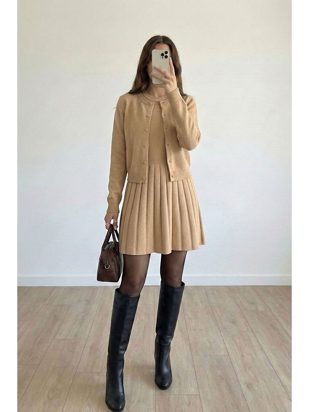 Bej Kadın Hırka Kombinli Pileli Triko Elbise-2