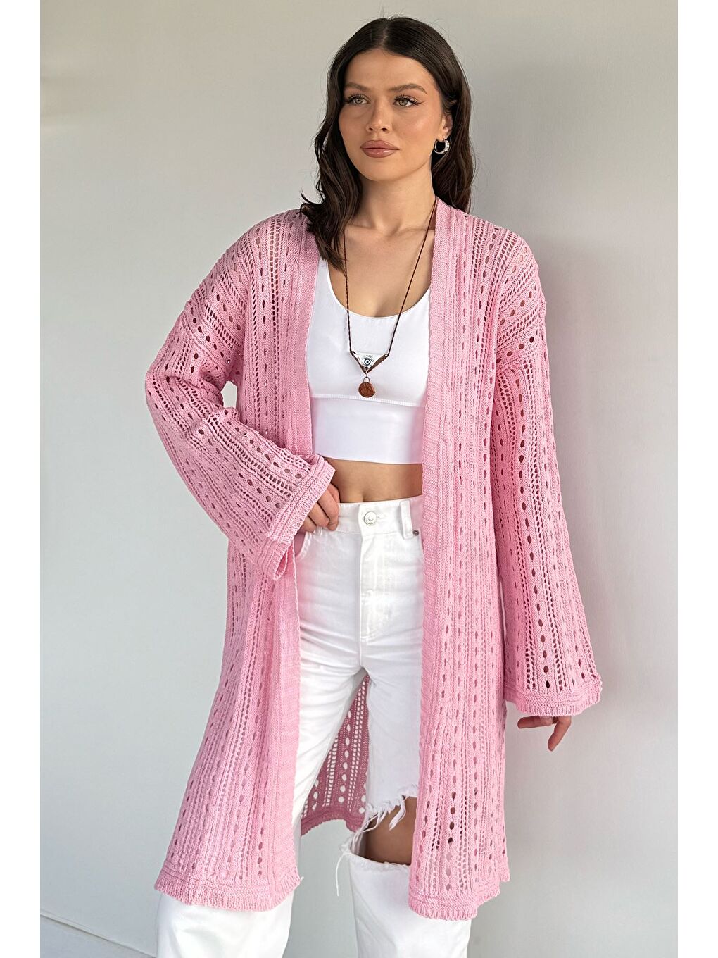 Pembe Kadın Ajurlu Triko Hırka