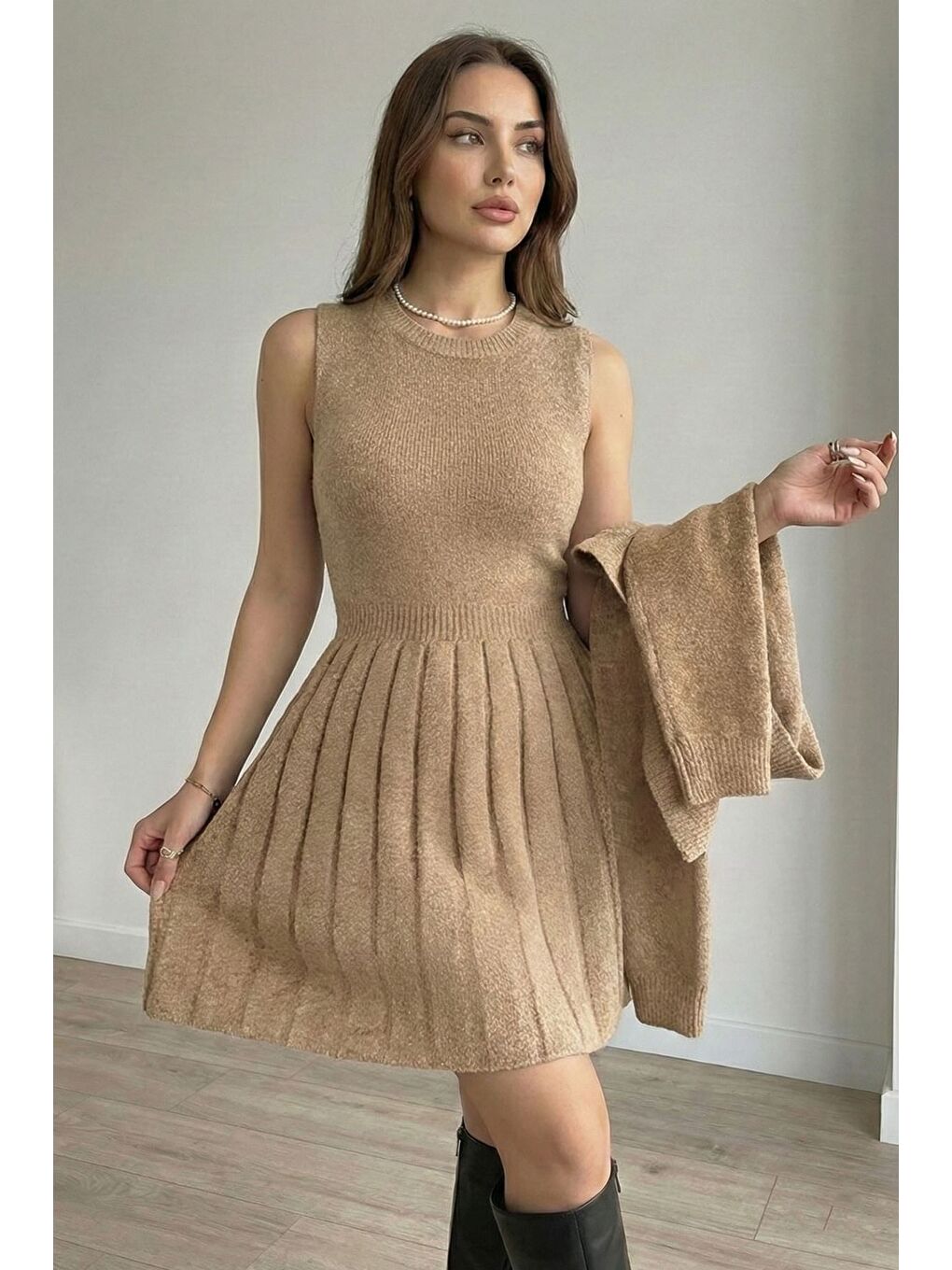 Bej Kadın Hırka Kombinli Pileli Triko Elbise-3
