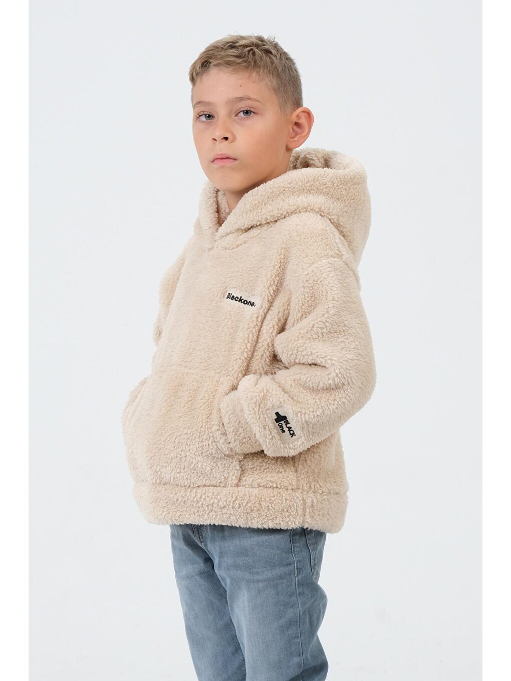 Bej Erkek Çocuk Peluş Kapüşonlu Üst-2