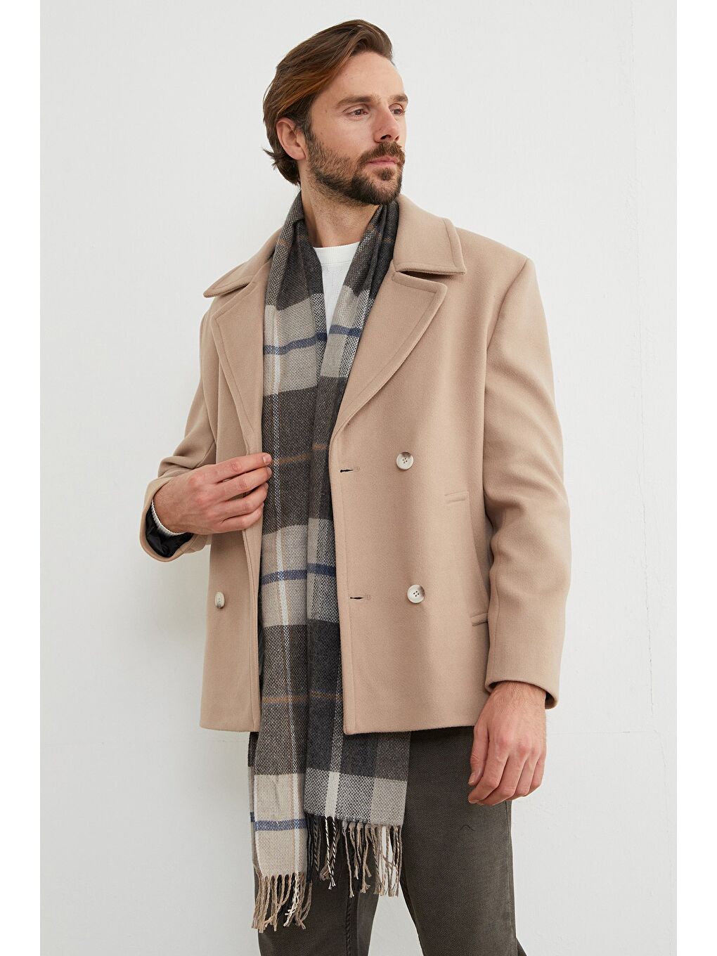 Bej Düğmeli Kruvaze Yaka Kaşe Kaban-2