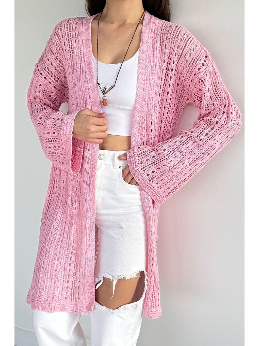 Pembe Kadın Ajurlu Triko Hırka-1