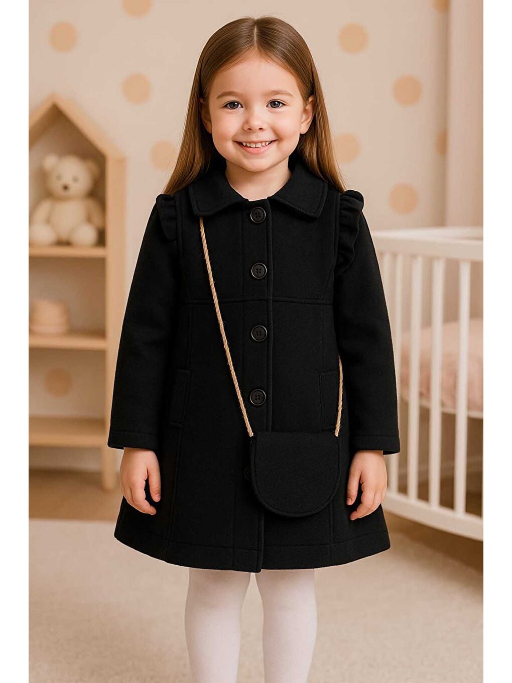 Siyah Kız Çocuk Kesim Kaşe Kaban 5-12 Yaş 12062
