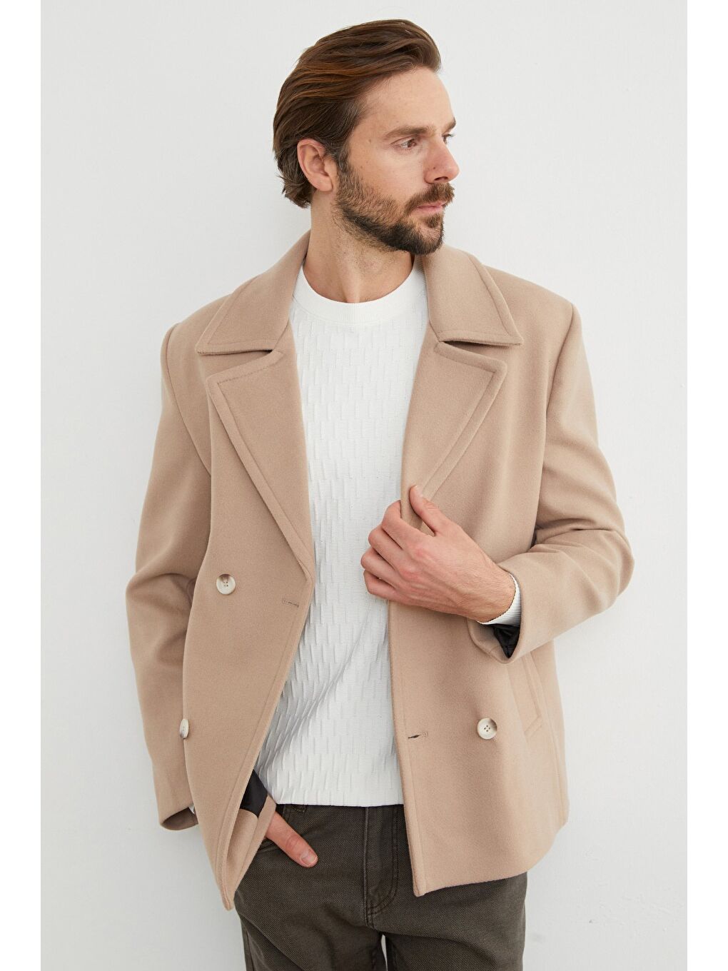 Bej Düğmeli Kruvaze Yaka Kaşe Kaban-4