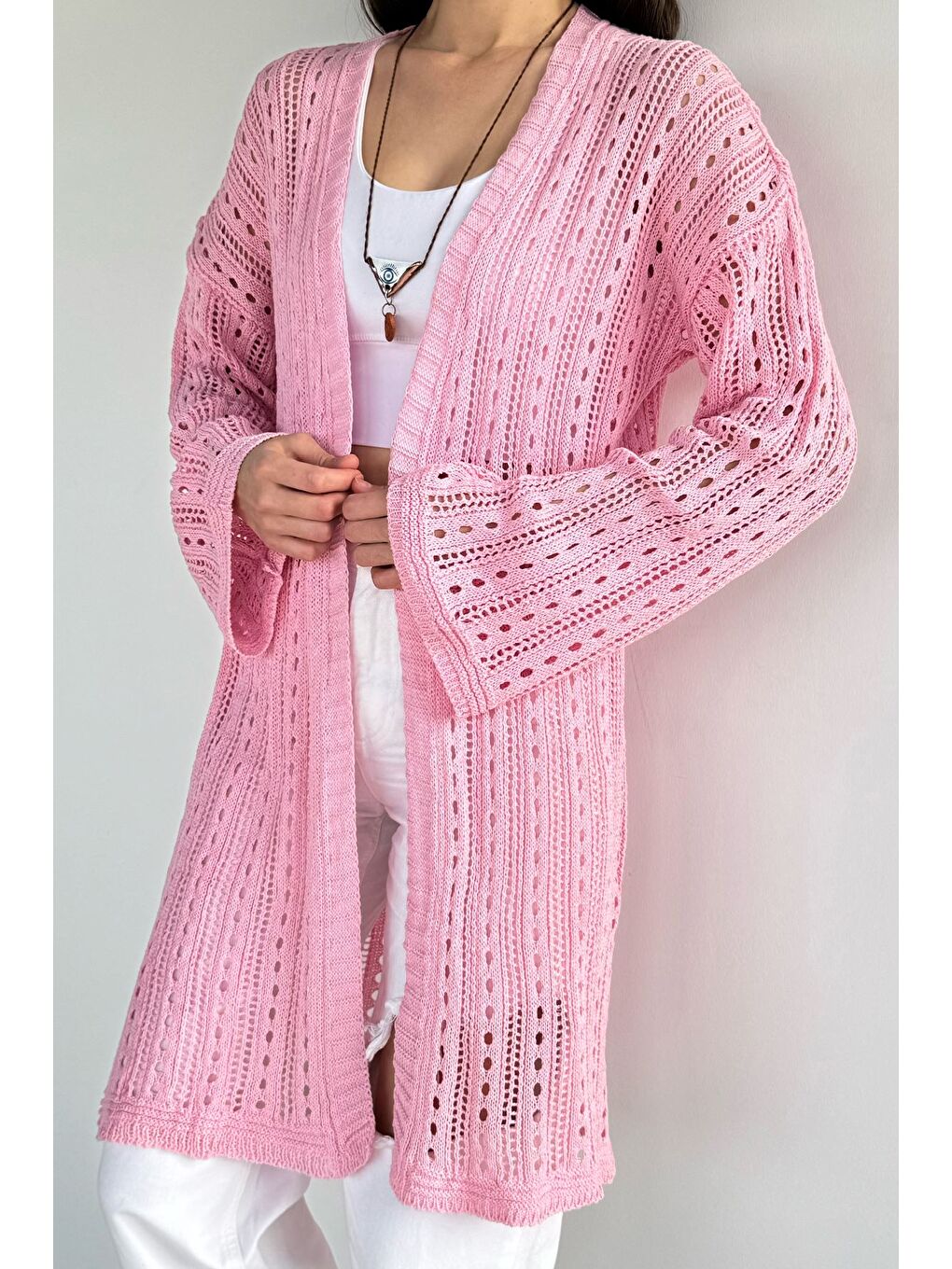 Pembe Kadın Ajurlu Triko Hırka-2