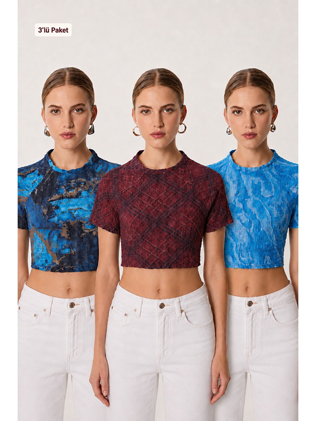 3’lü Paket Desenli Crop Krinkıl Bluz Bordo Gök Mavi Lacivert Lan0088