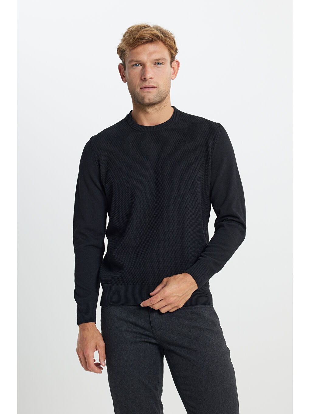 Erkek Siyah Pamuklu Standart Fit Normal Kesim Bisiklet Yaka Jakarlı Triko Kazak-2