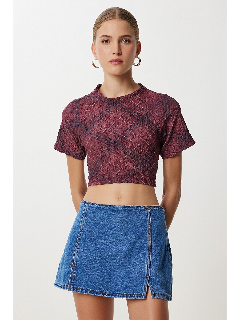 3’lü Paket Desenli Crop Krinkıl Bluz Bordo Gök Mavi Lacivert Lan0088-1
