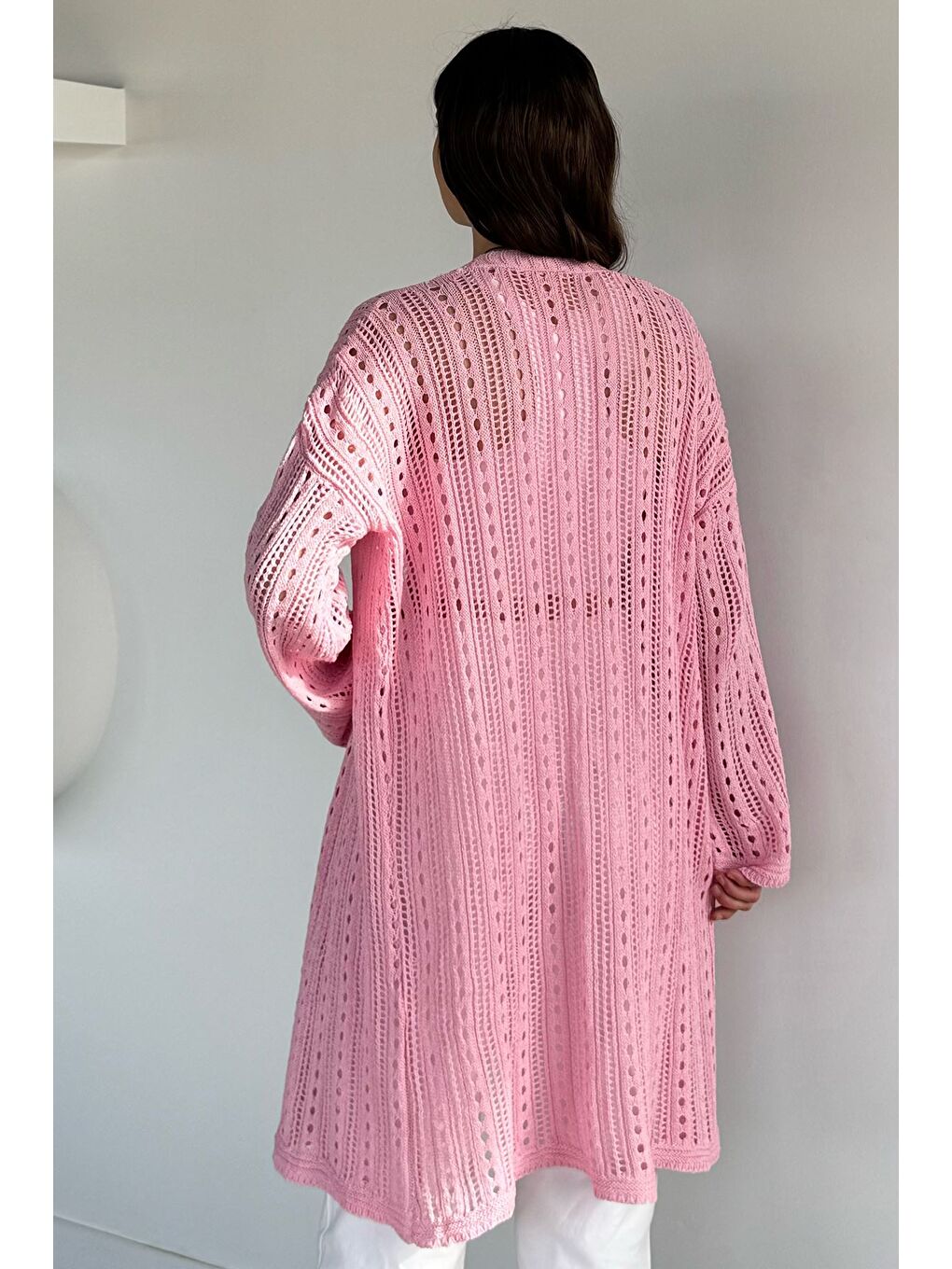 Pembe Kadın Ajurlu Triko Hırka-3