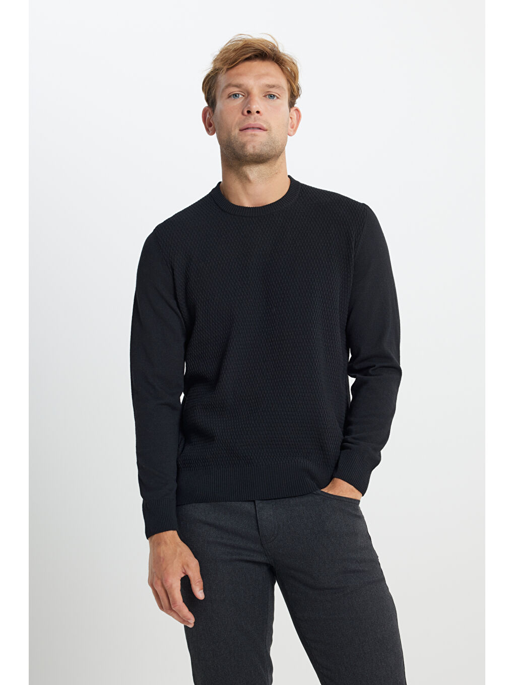 Erkek Siyah Pamuklu Standart Fit Normal Kesim Bisiklet Yaka Jakarlı Triko Kazak-3