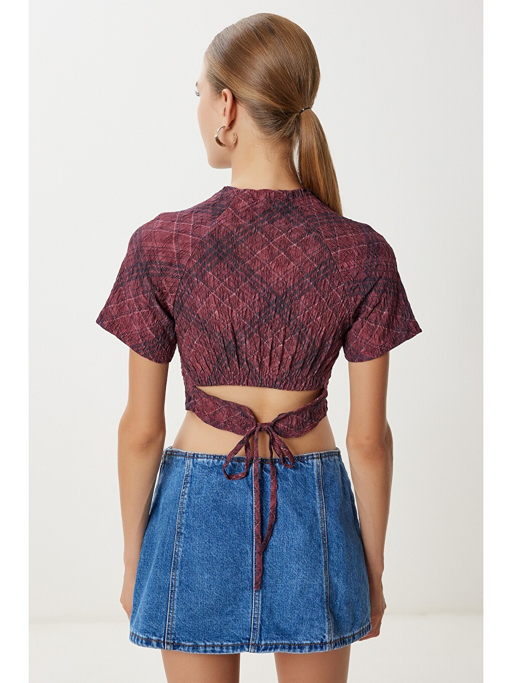 3’lü Paket Desenli Crop Krinkıl Bluz Bordo Gök Mavi Lacivert Lan0088-2