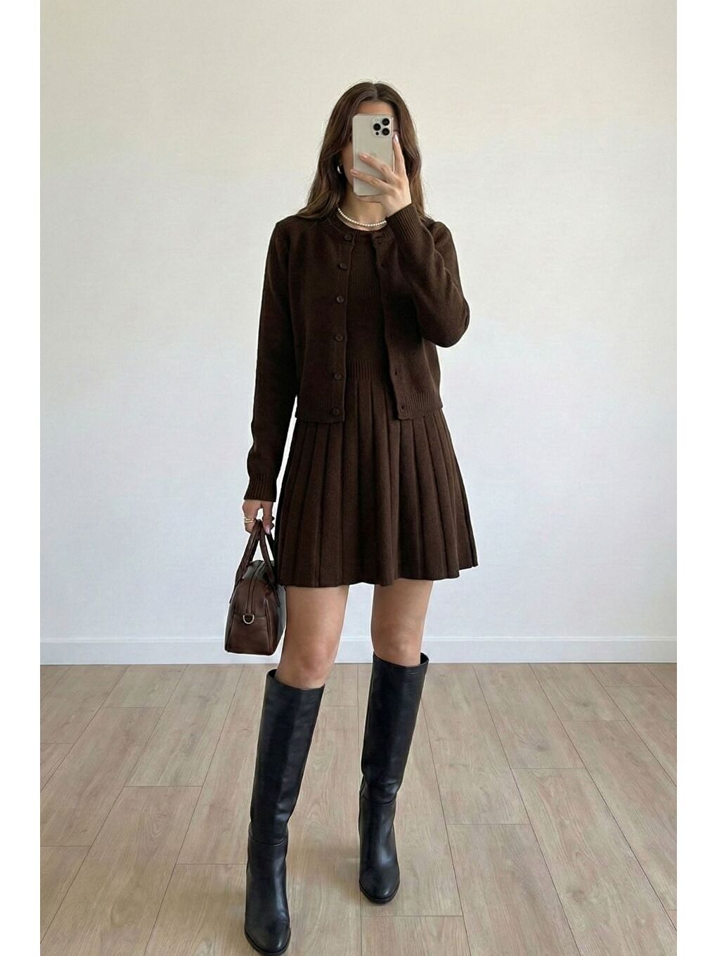 Kahverengi Kadın Hırka Kombinli Pileli Triko Elbise