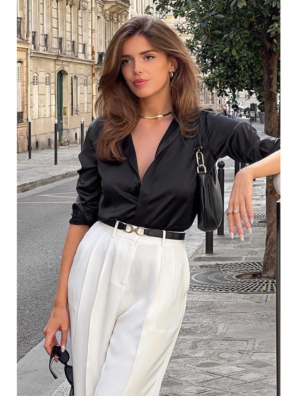 Siyah Gizli Düğmeli Kadın Saten Gömlek Mg2675