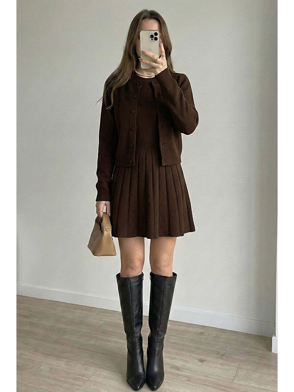 Kahverengi Kadın Hırka Kombinli Pileli Triko Elbise-1