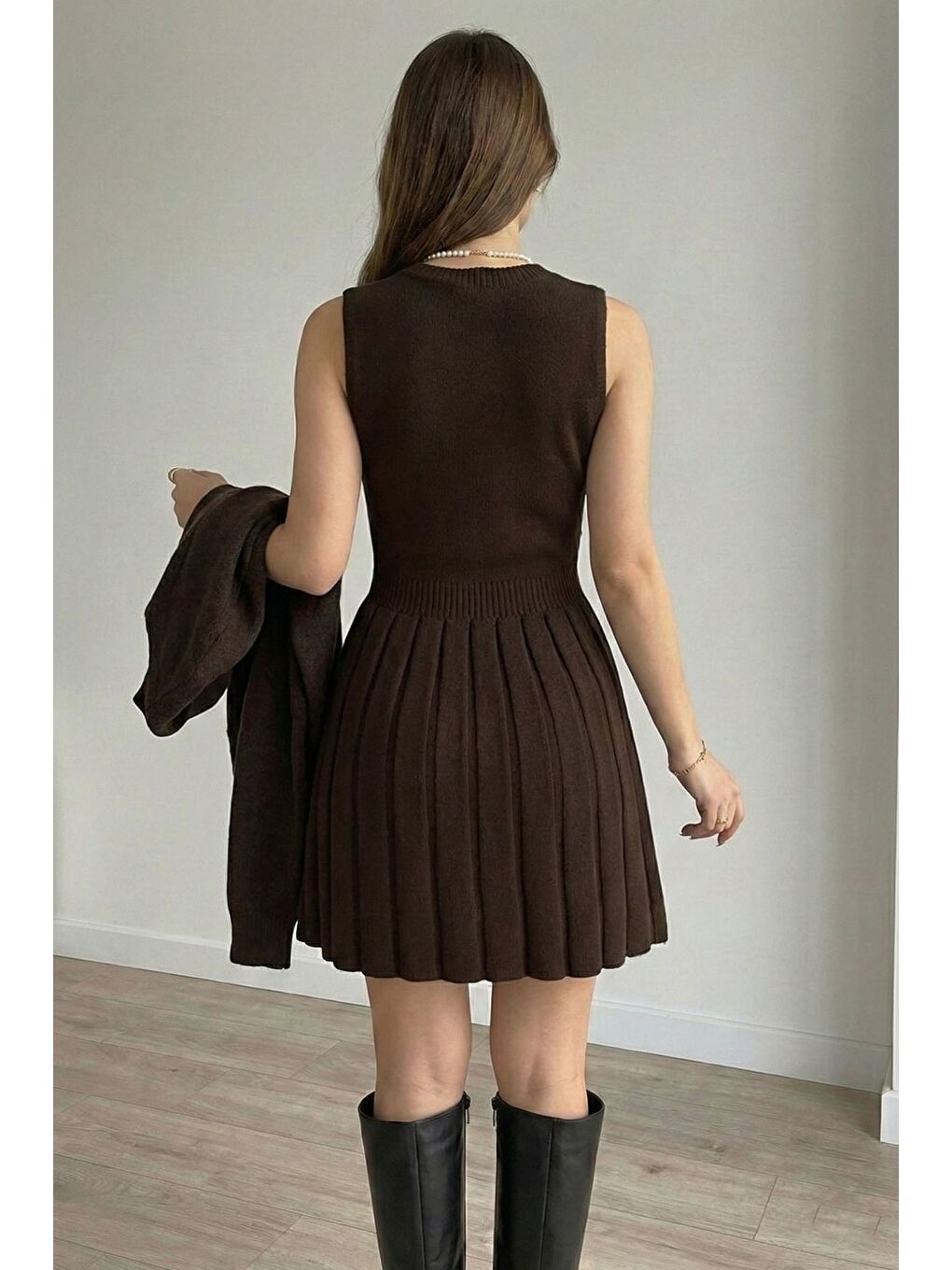 Kahverengi Kadın Hırka Kombinli Pileli Triko Elbise-2