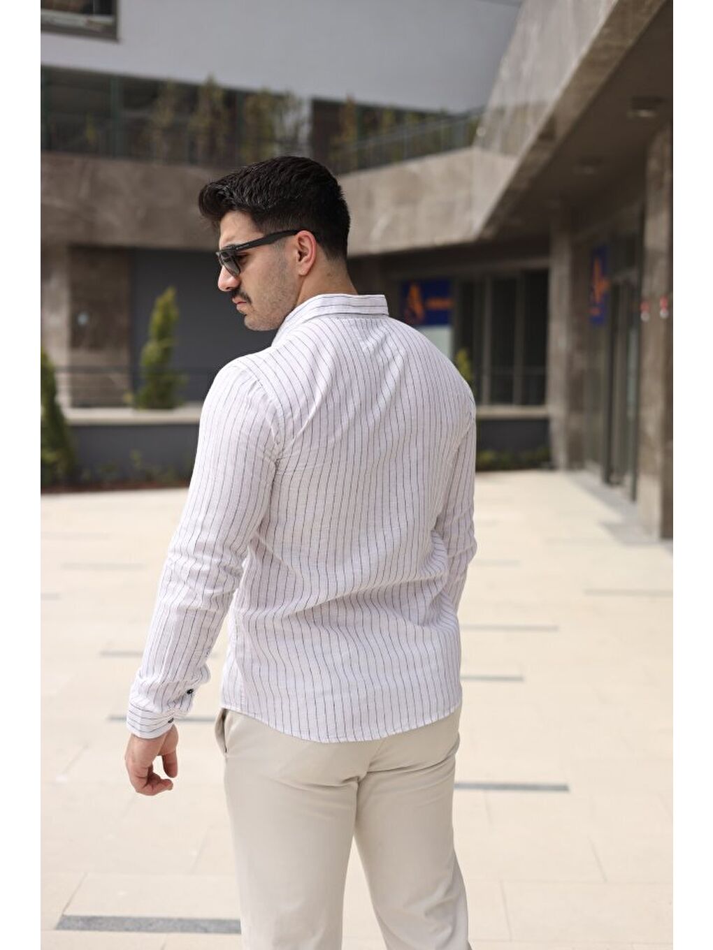 Beyaz Erkek Çizgi Desenli Gömlek-2