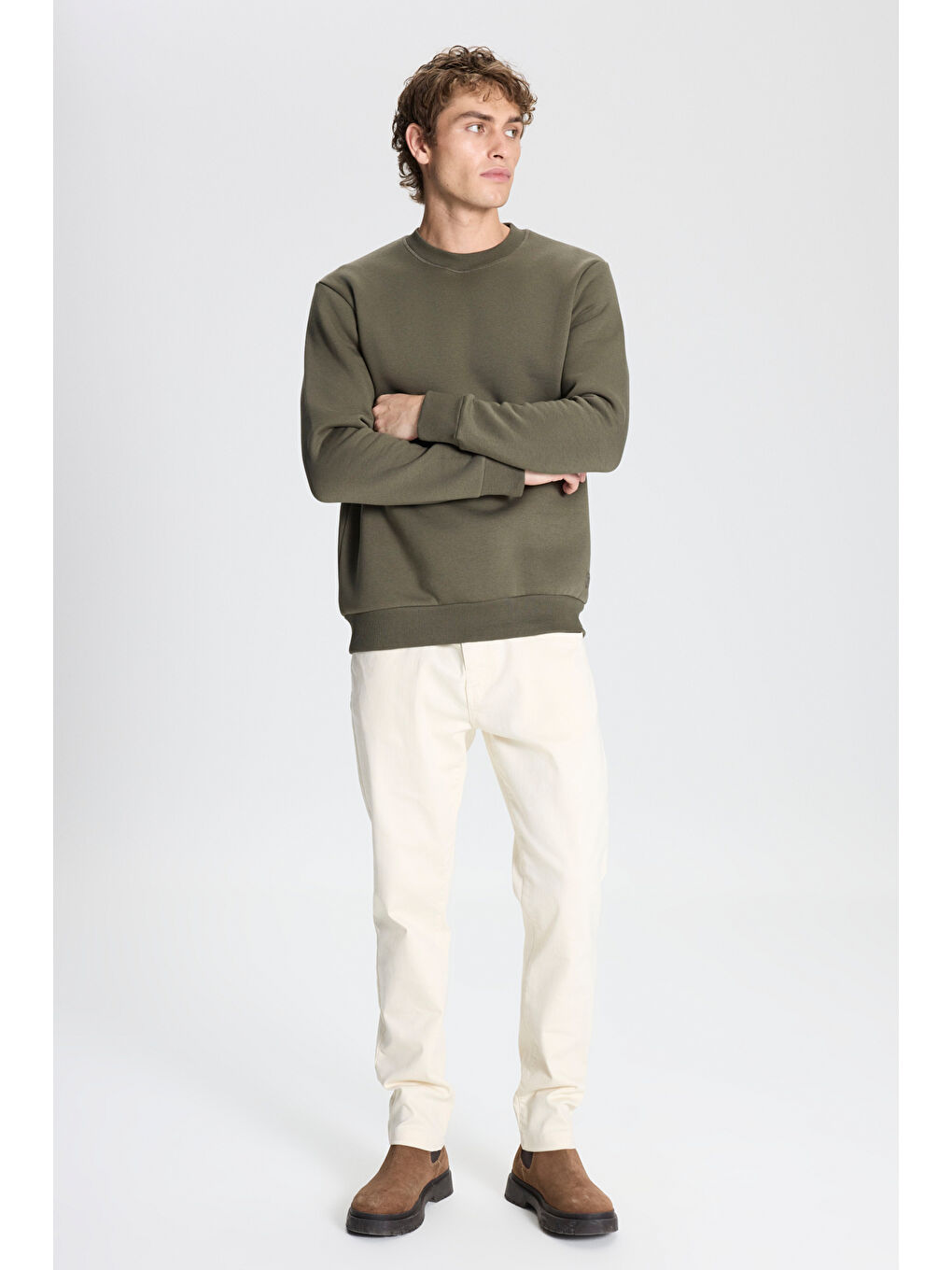 Erkek Haki Standart Fit Normal Kesim İçi Polarlı Bisiklet Yaka Sweatshirt-1