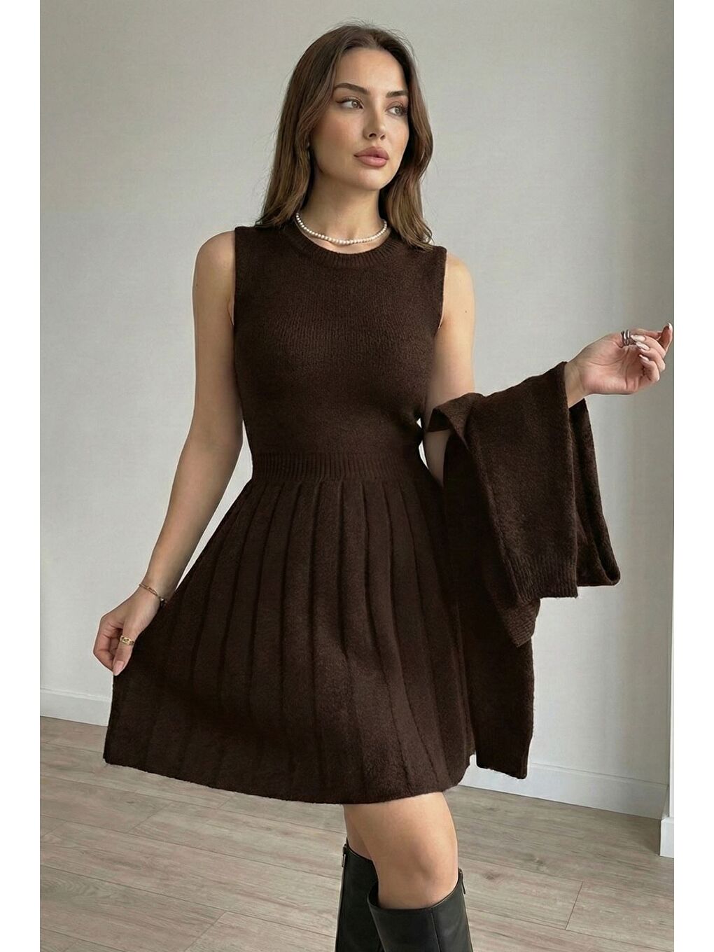 Kahverengi Kadın Hırka Kombinli Pileli Triko Elbise-3