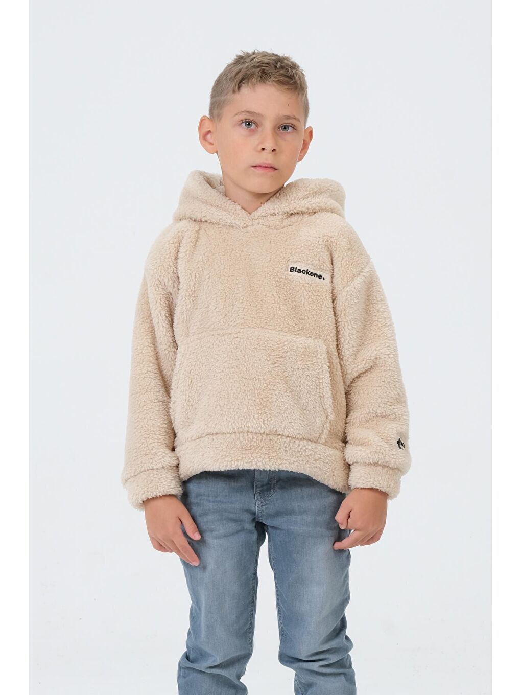 Bej Erkek Çocuk Peluş Kapüşonlu Üst-3