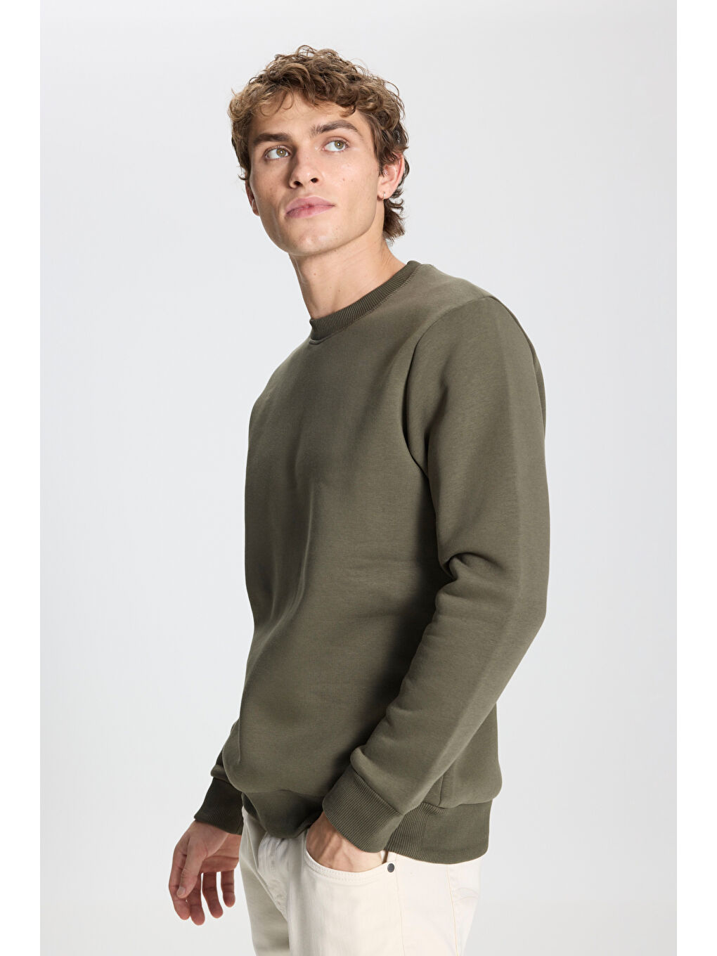 Erkek Haki Standart Fit Normal Kesim İçi Polarlı Bisiklet Yaka Sweatshirt-2