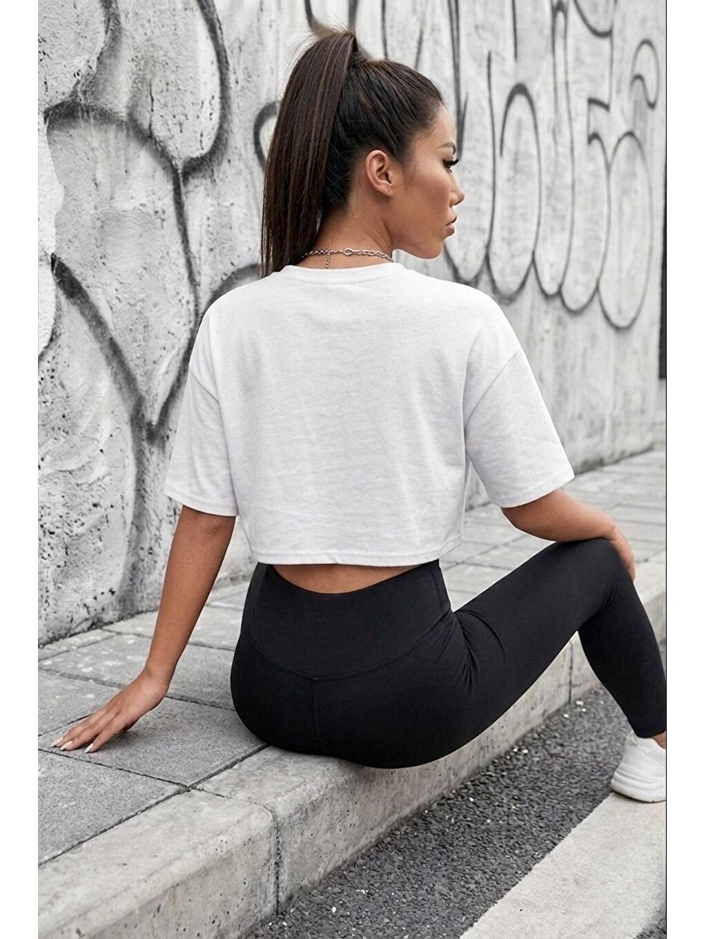 Beyaz Cezyy Bisiklet Yaka Basic Oversize Crop Tişört - Pamuklu Rahat Kesim-2