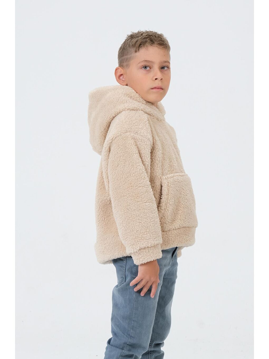 Bej Erkek Çocuk Peluş Kapüşonlu Üst-4