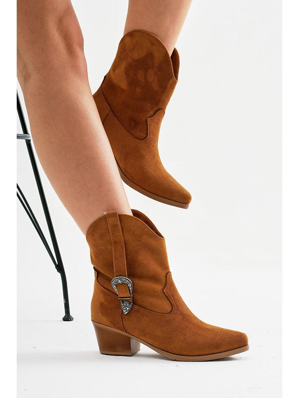 Kahverengi Kadın Taba Süet Termo Taban Tokalı Sivri Burunlu Western Kovboy Bot-1