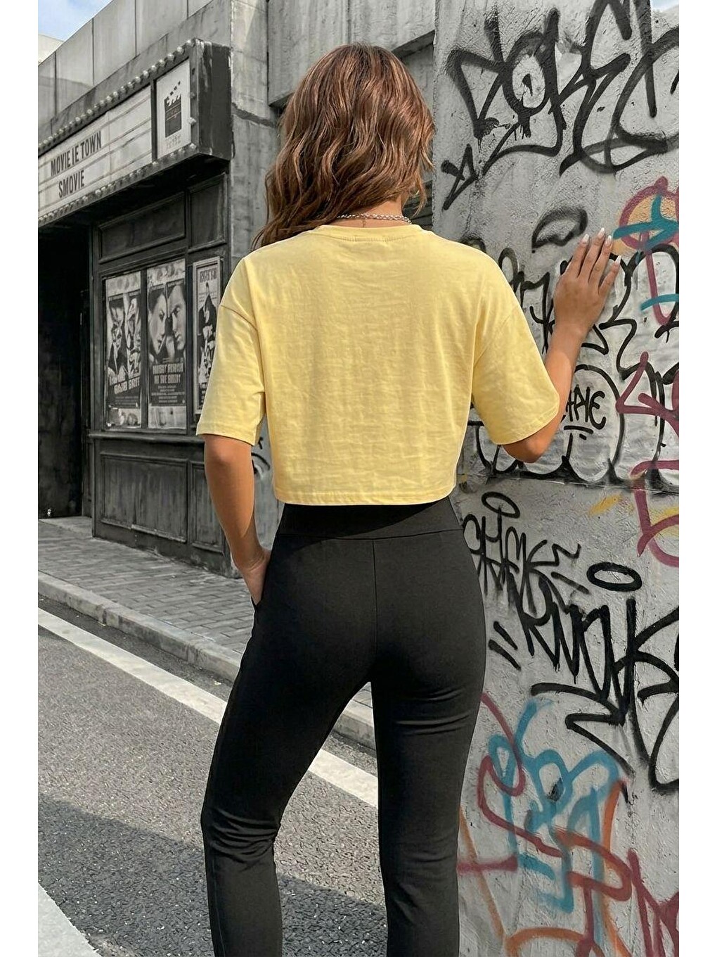 Sarı Cezyy Bisiklet Yaka Basic Oversize Crop Tişört - Pamuklu Rahat Kesim-2