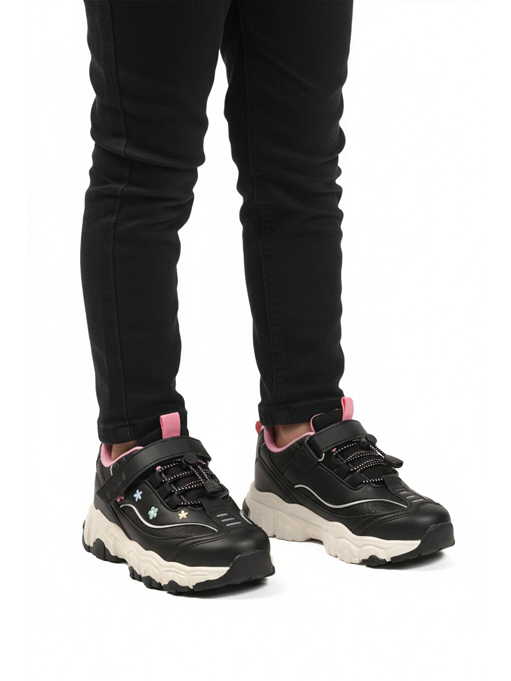 Siyah Cırtlı Hafif Fileli Esnek Kız Çocuk Spor Ayakkabı Bella Kısa F