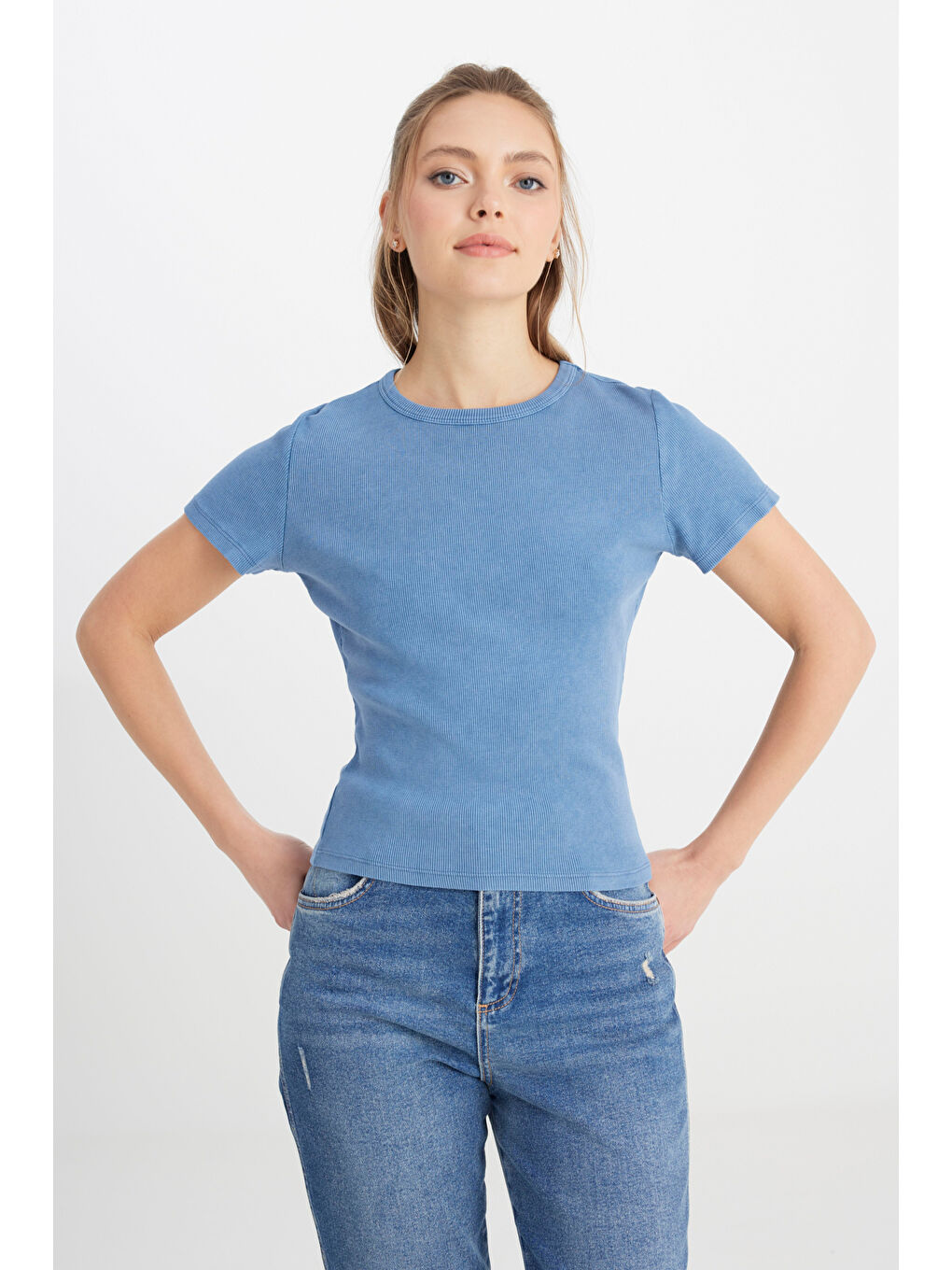 İndigo Slim Fit Dar Kesim Bisiklet Yaka Lacivert Tişört-3