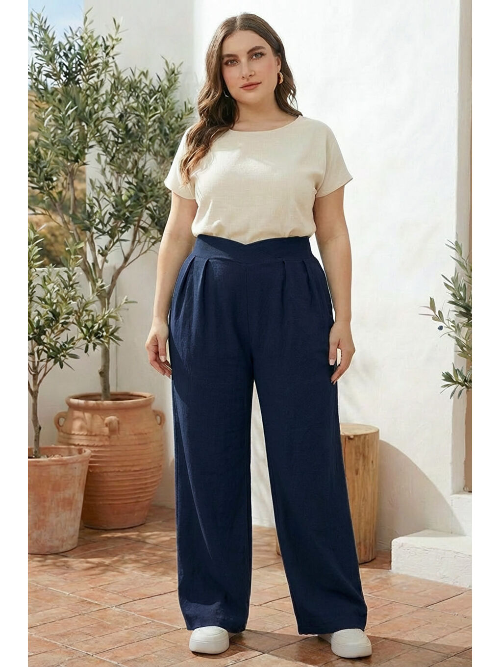 Lacivert Büyük Beden Pileli Cepli Geniş Paça Esnek Kumaşlı Pantolon 875-V