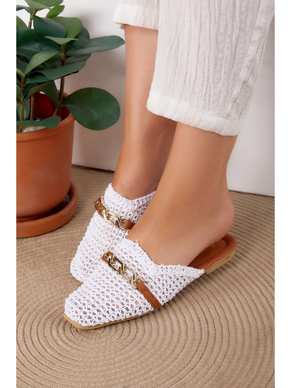 Kadın Beyaz Hasır Zincirli Terlik - 25534-2