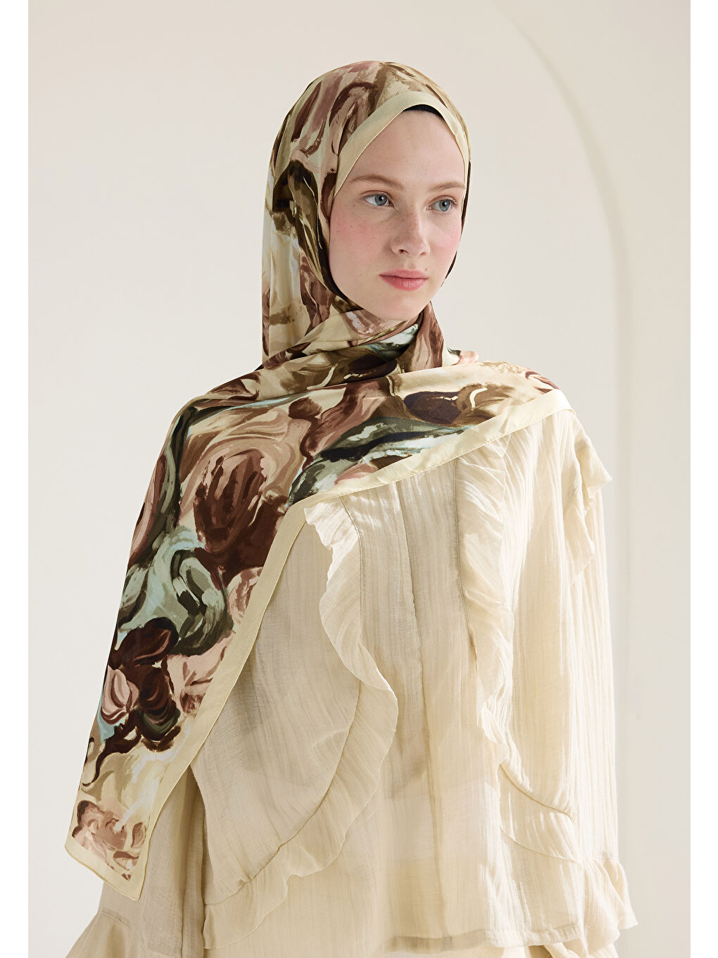 Bej Rosıe Floş Viskon Şal Nude-2