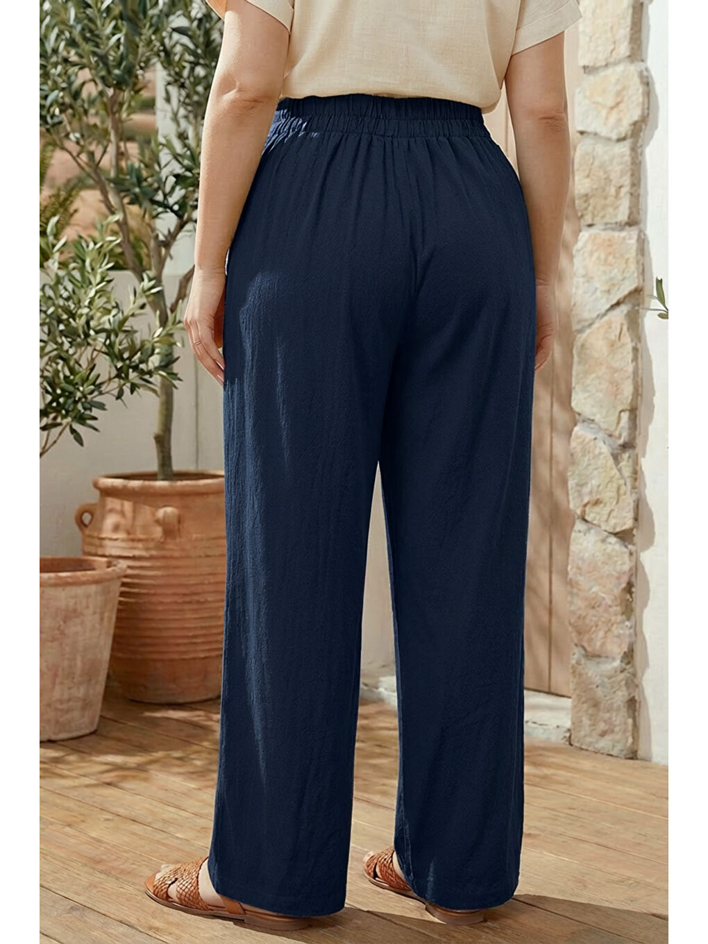 Lacivert Büyük Beden Pileli Cepli Geniş Paça Esnek Kumaşlı Pantolon 875-V-3