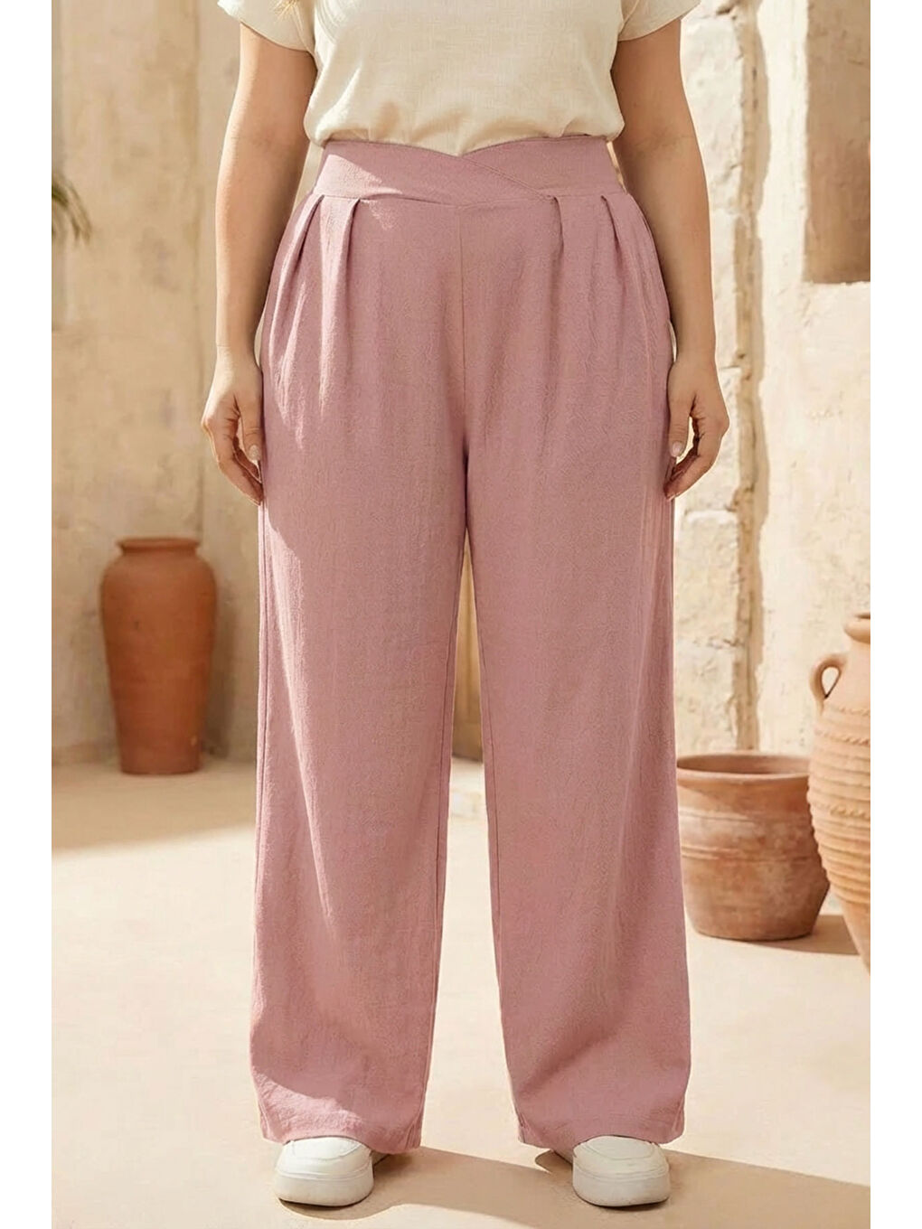 Pembe Büyük Beden Pileli Cepli Geniş Paça Esnek Kumaşlı Pantolon 875-V-1