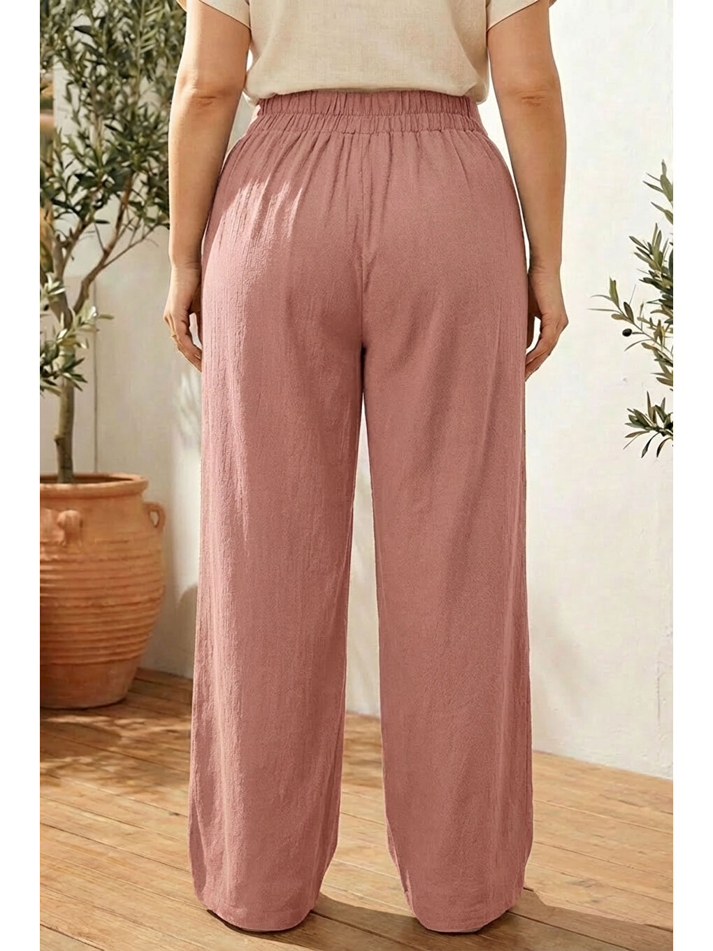 Pembe Büyük Beden Pileli Cepli Geniş Paça Esnek Kumaşlı Pantolon 875-V-2