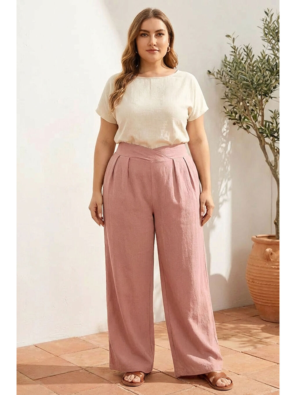 Pembe Büyük Beden Pileli Cepli Geniş Paça Esnek Kumaşlı Pantolon 875-V-3