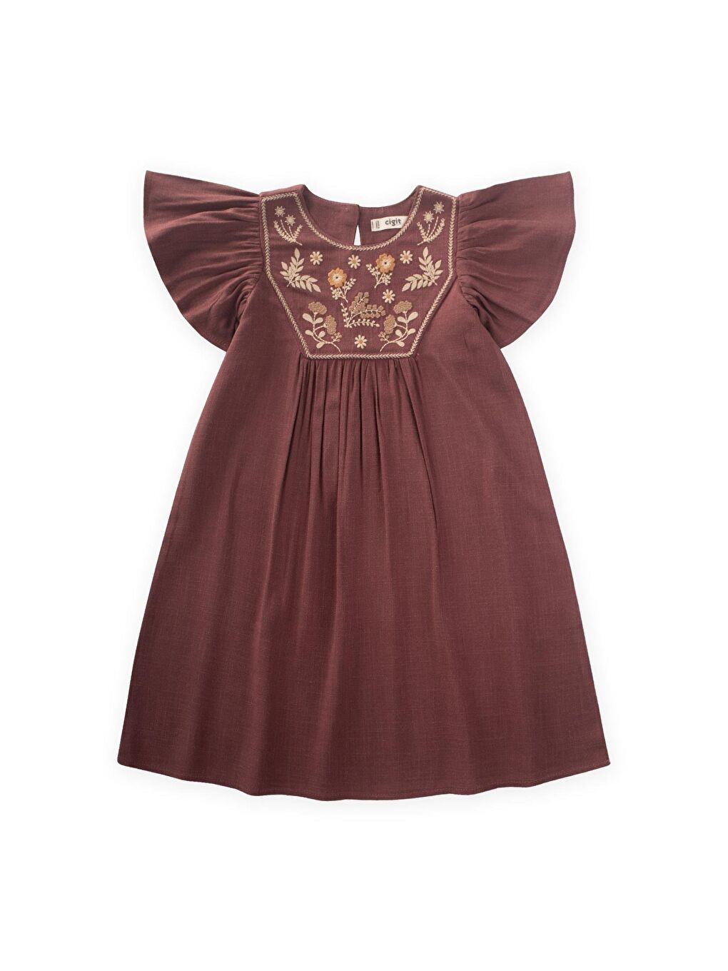 Mürdüm Kız Çocuk Nakışlı Keten Elbise