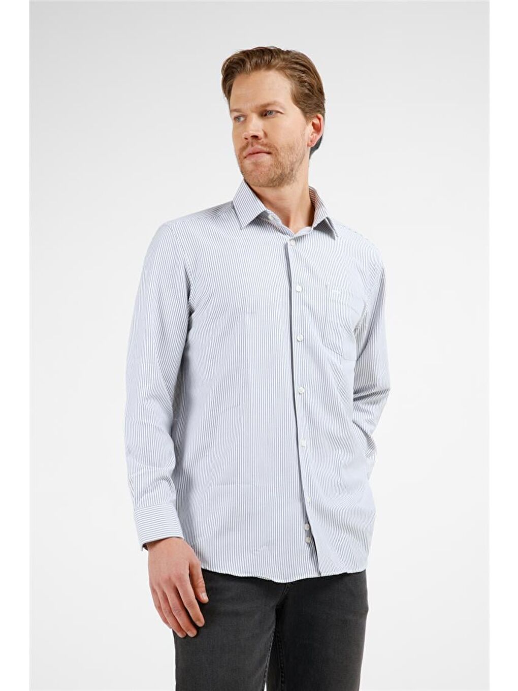 Siyah Çizgili Desen Sert Yaka Uzun Kol Cepli Comfort Fit Pamuklu Gömlek 1004255224