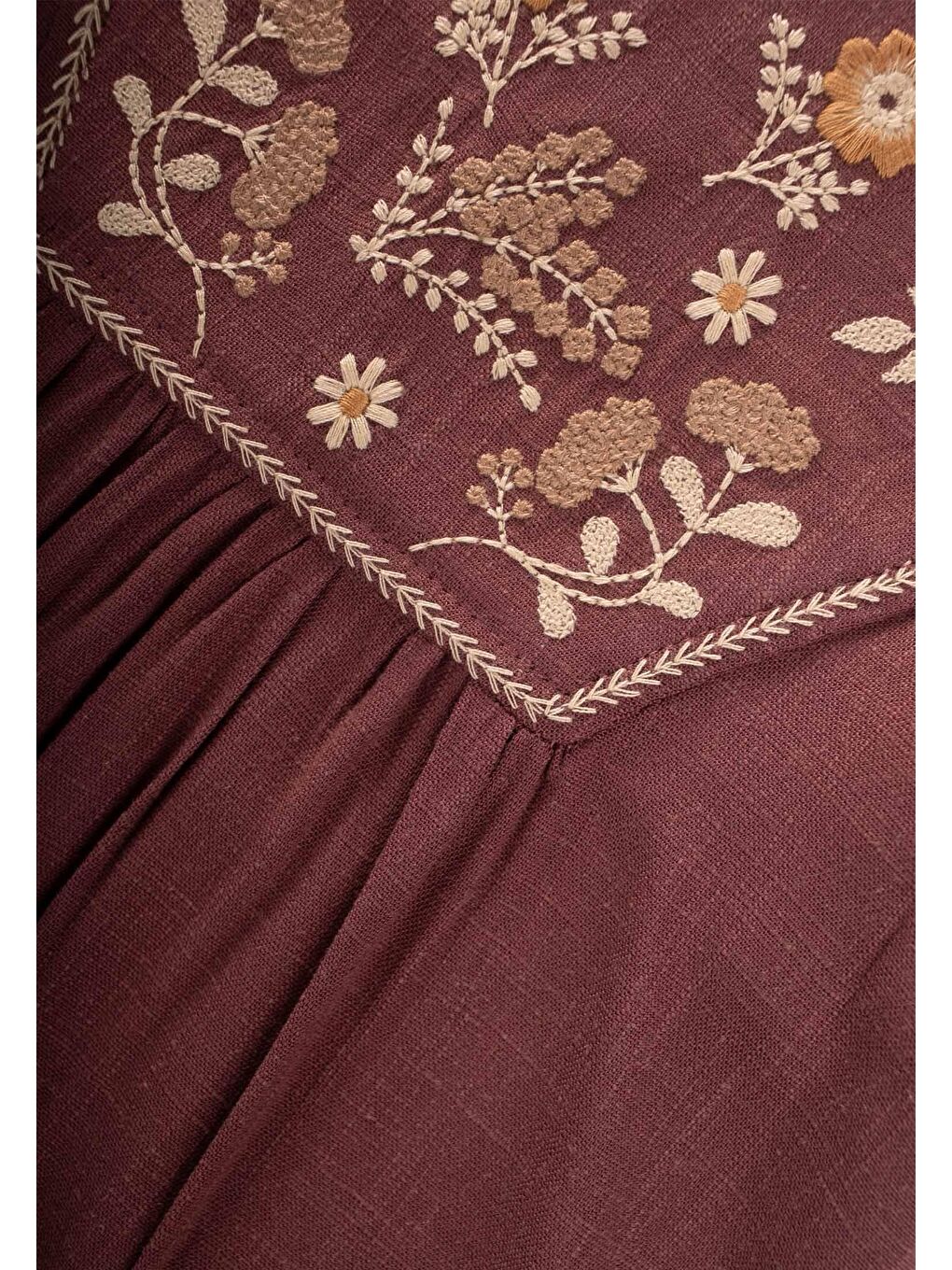 Mürdüm Kız Çocuk Nakışlı Keten Elbise-2