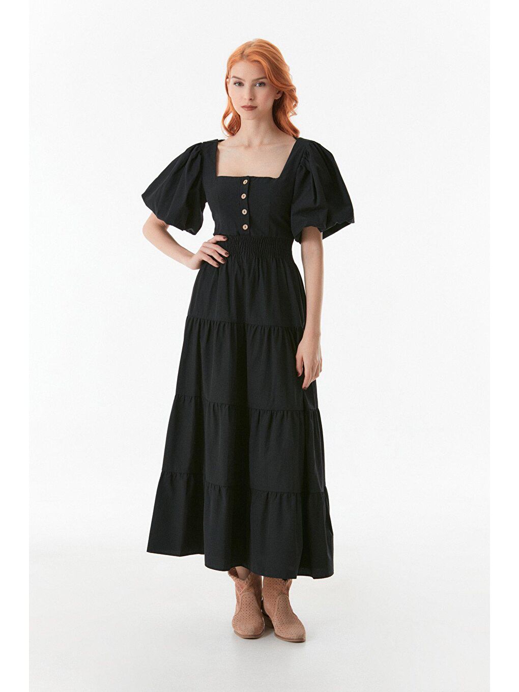 Siyah Beli Lastikli Sırtı Dekolteli Balon Kol Elbise