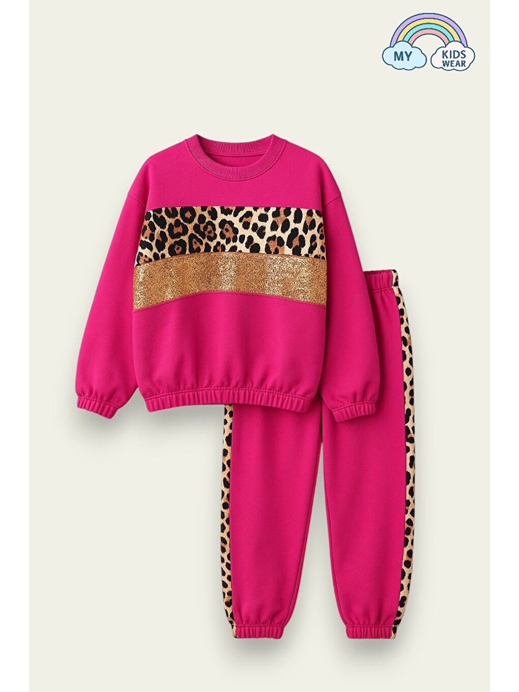 Fuşya Kız Çocuk Leopar Şeritli Eşofman Takımı 3-14 Yaş 12061