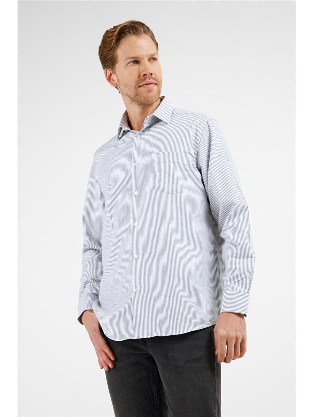 Siyah Çizgili Desen Sert Yaka Uzun Kol Cepli Comfort Fit Pamuklu Gömlek 1004255224-2