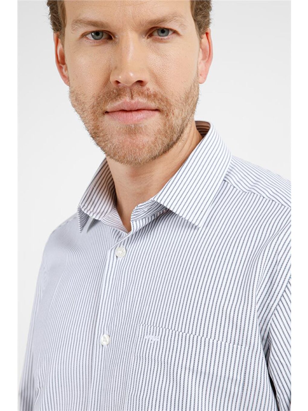 Siyah Çizgili Desen Sert Yaka Uzun Kol Cepli Comfort Fit Pamuklu Gömlek 1004255224-3