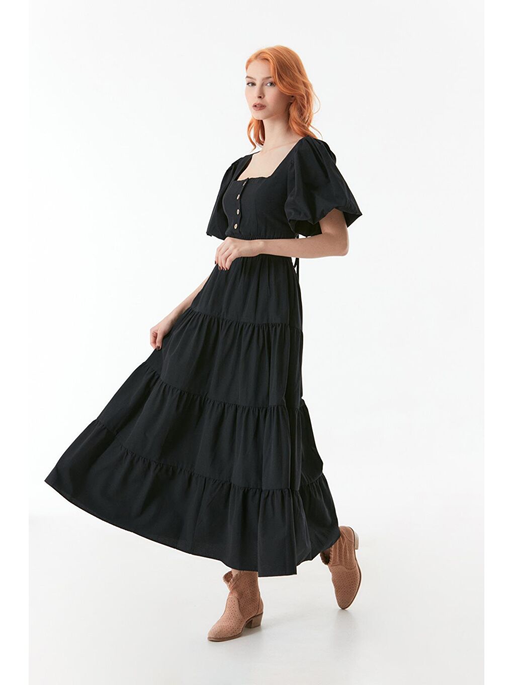 Siyah Beli Lastikli Sırtı Dekolteli Balon Kol Elbise-1