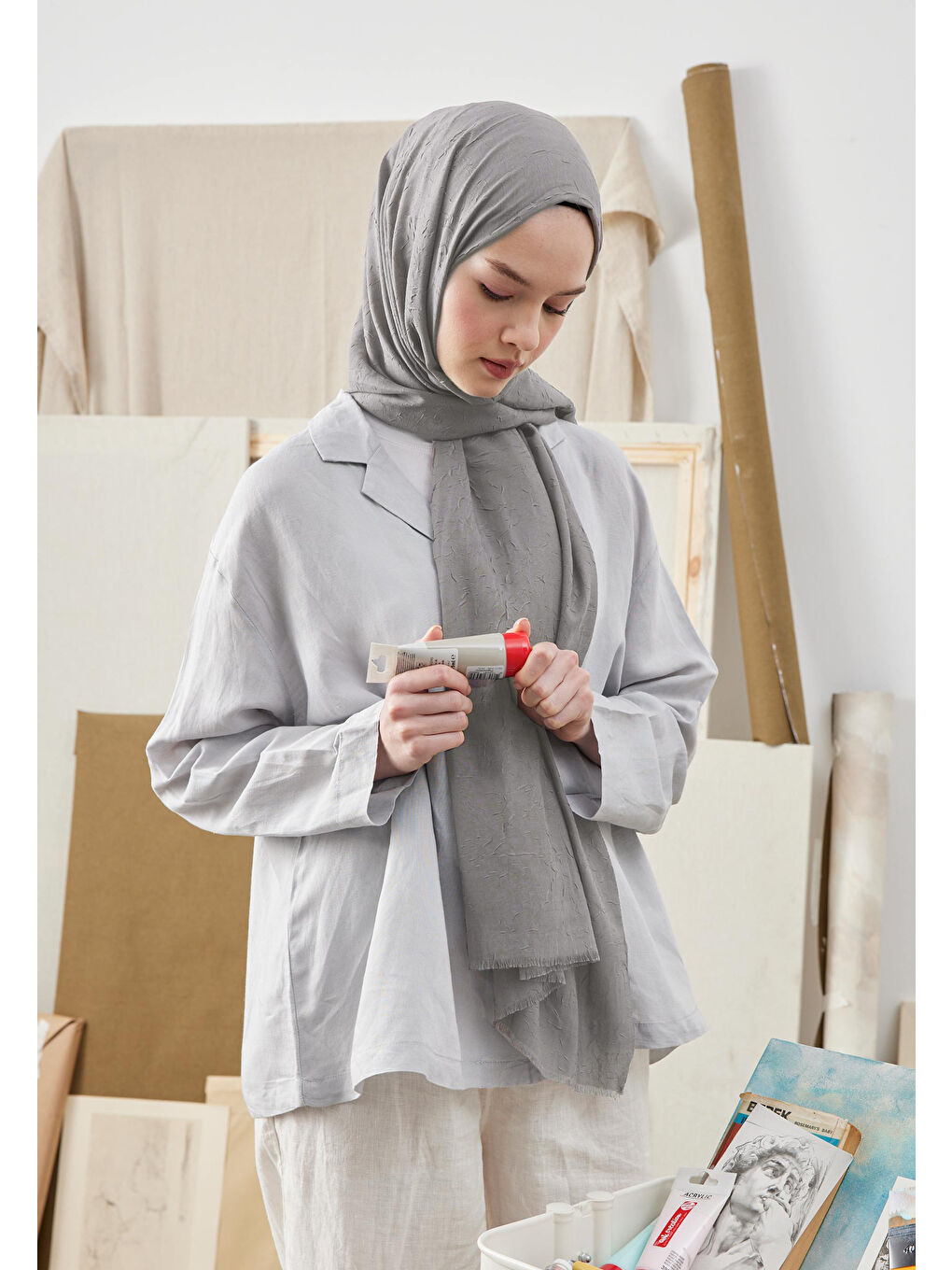 Gri Bambu Şal Koyu Grı