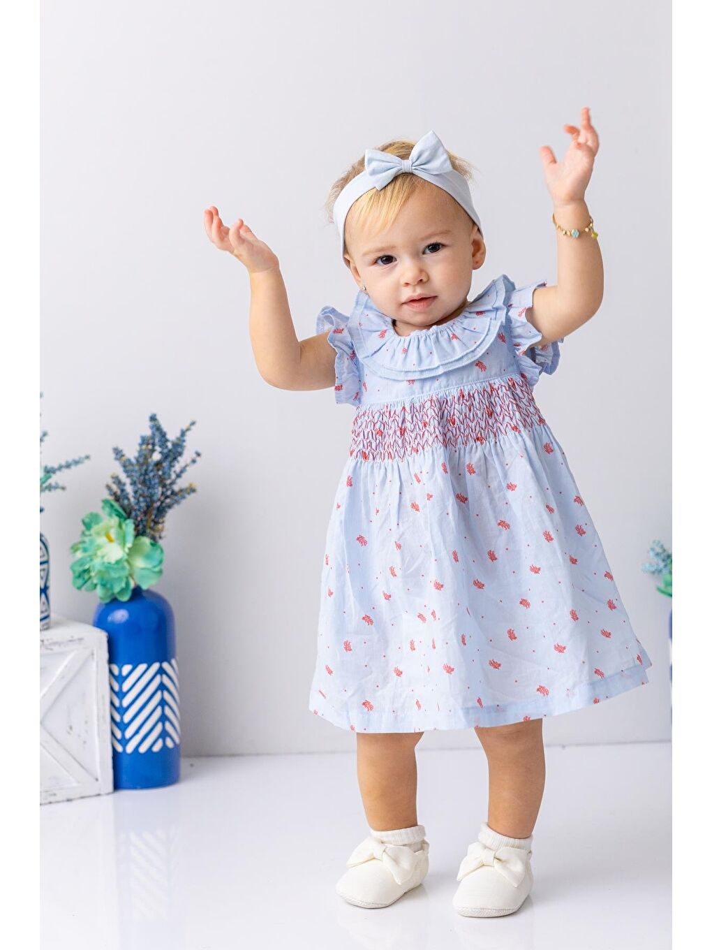 Karışık Kız Bebek Mercan Desenli Yakası Fırfırlı Gipeli Elbise - Desenli-1