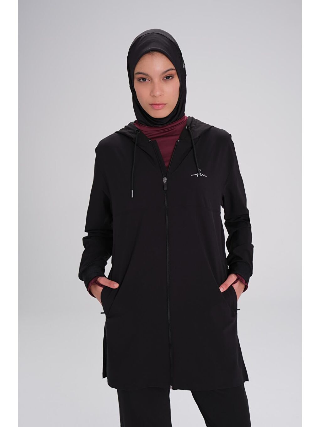 Active Uzun Kollu Kapüşonlu Fermuarlı Siyah Tesettür Antrenman Üstü Act 10-3