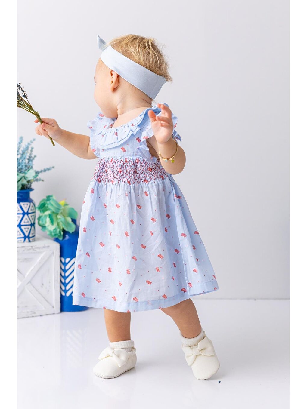 Karışık Kız Bebek Mercan Desenli Yakası Fırfırlı Gipeli Elbise - Desenli-2